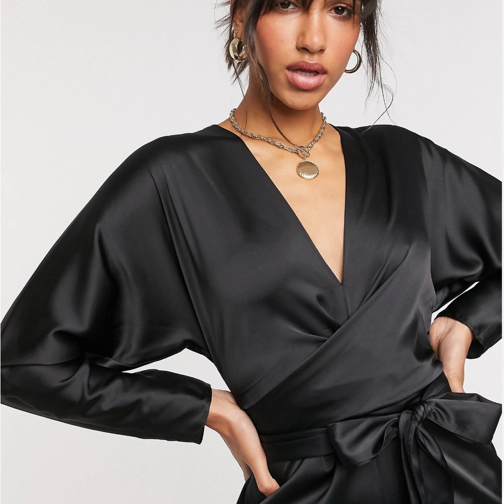 ASOS design black (thick) satin wrap v neck mini dress - Picture 10 of 11
